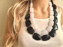 Load image into Gallery viewer, White & Black Necklace, Double strand jewelry, big beaded chunky statement necklace, black necklace, black jewelry, white necklace, black