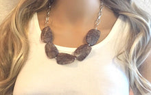 Load image into Gallery viewer, Brown Chocolate Statement Necklace & Earring set, brown jewelry, Your Choice of GOLD or SILVER, brown bib chunky necklace, brown crackle