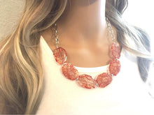 Load image into Gallery viewer, Orange Crackle Statement Necklace & earring set, orange jewelry, Your Choice GOLD or SILVER, orange bib chunky necklace, orange