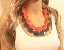 Load image into Gallery viewer, Orange & Gray Statement Necklace, Big Bead necklace, chunky orange necklace, fall wedding orange jewelry, gray necklace, bridesmaid necklace