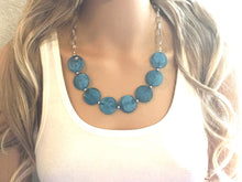 Load image into Gallery viewer, Teal Statement Necklace & Earring set, blue jewelry, Your Choice of GOLD or SILVER, turquoise bib chunky necklace, dark blue round necklace