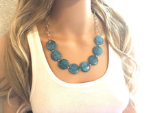 Load image into Gallery viewer, Teal Statement Necklace & Earring set, blue jewelry, Your Choice of GOLD or SILVER, turquoise bib chunky necklace, dark blue round necklace