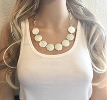 Load image into Gallery viewer, Creamy Pearl Statement Necklace & Earring Set, white jewelry, Your Choice of GOLD or SILVER, creamy pearl bib chunky necklace, cream necklac