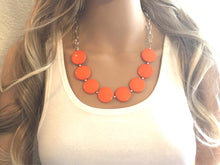 Load image into Gallery viewer, Orange Statement Necklace & earring set, orange jewelry, Your Choice GOLD or SILVER, orange bib chunky necklace, bright orange round necklac
