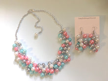 Load image into Gallery viewer, Pink Blue Silver & White 3 Piece Jewelry Set - Necklace, Earrings, Bracelet - Wedding Bridesmaid Personalized Pearl cluster, gender reveal