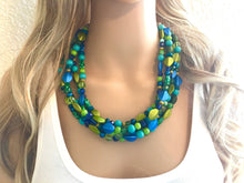 Load image into Gallery viewer, Blue & Green Mermaid Chunky Statement Necklace, 5 Strand Beaded Jewelry, Blue Green jewelry, bridesmaid wedding jewelry, jewel tone mermaid