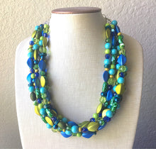 Load image into Gallery viewer, Blue & Green Mermaid Chunky Statement Necklace, 5 Strand Beaded Jewelry, Blue Green jewelry, bridesmaid wedding jewelry, jewel tone mermaid