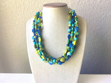 Load image into Gallery viewer, Blue & Green Mermaid Chunky Statement Necklace, 5 Strand Beaded Jewelry, Blue Green jewelry, bridesmaid wedding jewelry, jewel tone mermaid