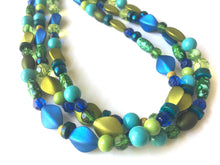 Load image into Gallery viewer, Blue & Green Mermaid Chunky Statement Necklace, 3 Strand Beaded Jewelry, Blue Green jewelry, bridesmaid wedding jewelry, jewel tone mermaid