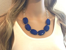 Load image into Gallery viewer, Royal blue Statement Necklace & Earring set, blue jewelry, Your Choice of GOLD or SILVER, navy bib chunky necklace, dark blue round necklace