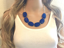 Load image into Gallery viewer, Royal blue Statement Necklace & Earring set, blue jewelry, Your Choice of GOLD or SILVER, navy bib chunky necklace, dark blue round necklace