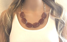 Load image into Gallery viewer, Chocolate Statement Necklace & Earring set, brown jewelry, Your Choice of GOLD or SILVER, brown bib chunky necklace, brown crackle beaded