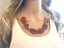 Load image into Gallery viewer, Chocolate Statement Necklace & Earring set, brown jewelry, Your Choice of GOLD or SILVER, brown bib chunky necklace, brown crackle beaded