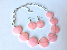 Load image into Gallery viewer, Bubble Peach Statement Necklace & earring set, pink jewelry, Your Choice of GOLD or SILVER, peach bib chunky necklace, light pink round neck