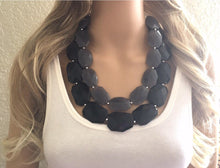 Load image into Gallery viewer, Black & Gray Necklace, multi strand jewelry, big beaded chunky statement necklace, black necklace, bridesmaid necklace, bib necklace, gray