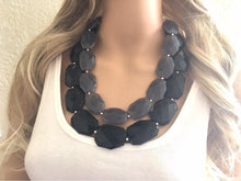 Load image into Gallery viewer, Black & Gray Necklace, multi strand jewelry, big beaded chunky statement necklace, black necklace, bridesmaid necklace, bib necklace, gray