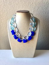Load image into Gallery viewer, Clear & Blue Chunky Statement Necklace, big beaded bib necklace, blue jewelry, bridesmaid necklace, blue necklace, blue bridesmaid jewelry