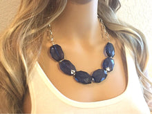 Load image into Gallery viewer, Navy blue Statement Necklace & Earring set, blue jewelry, Your Choice of GOLD or SILVER, navy bib chunky necklace, dark blue necklace