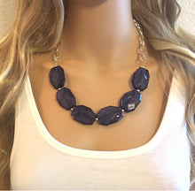 Load image into Gallery viewer, Navy blue Statement Necklace & Earring set, blue jewelry, Your Choice of GOLD or SILVER, navy bib chunky necklace, dark blue necklace