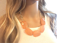 Load image into Gallery viewer, Peach Statement Necklace & earring set, pink jewelry, Your Choice of GOLD or SILVER, peach bib chunky necklace, light pink round necklace