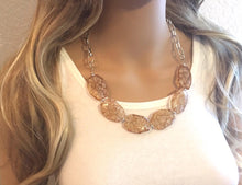 Load image into Gallery viewer, Champagne Statement Necklace & Earring set, yellow jewelry, Your Choice of GOLD or SILVER, champagne bib chunky necklace, light tan brown