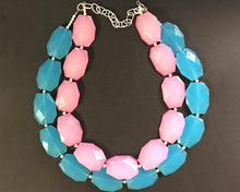 Load image into Gallery viewer, Blue & Blush Pink Necklace, multi strand jewelry, big beaded chunky statement necklace, blue necklace, bridesmaid necklace, bib necklace