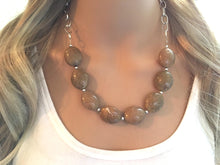 Load image into Gallery viewer, Champagne Statement Necklace & Earrings, brown jewelry, Your Choice GOLD or SILVER, brown bib chunky necklace, brown dinosaur necklace