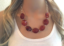 Load image into Gallery viewer, Amber Statement Necklace & Earrings, amber jewelry, Your Choice GOLD or SILVER, amber brown bib chunky necklace, brown oval necklace
