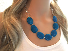 Load image into Gallery viewer, Blueberry Statement Necklace & Earrings, blue jewelry, Your Choice GOLD or SILVER, blue bib chunky necklace, blue oval necklace