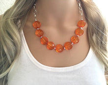 Load image into Gallery viewer, Fall wedding Orange Statement Necklace & Earrings, orange jewelry, Your Choice GOLD or SILVER, orange bib chunky necklace, orange circle