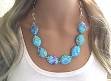 Load image into Gallery viewer, Blue Statement Necklace & Earrings, blue jewelry, Your Choice GOLD or SILVER, blue bib chunky necklace, blue painted necklace