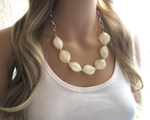 Load image into Gallery viewer, Cream Statement Necklace & Earrings, cream jewelry, Your Choice GOLD or SILVER, cream bib chunky necklace, cream oval necklace