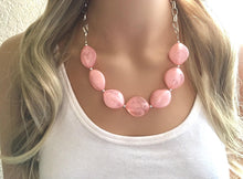 Load image into Gallery viewer, Blush Pink Statement Necklace & Earrings, pink jewelry, Your Choice GOLD or SILVER, pink bib chunky necklace, pink oval necklace, blush pink