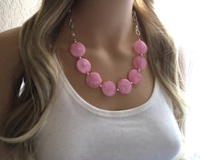 Load image into Gallery viewer, Blush Pink Statement Necklace & Earrings, pink jewelry, Your Choice GOLD or SILVER, pink bib chunky necklace, pink necklace, pink circle