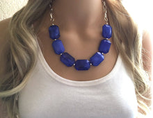 Load image into Gallery viewer, Creamy royal blue Statement Necklace & Earrings, royal blue jewelry, Your Choice GOLD or SILVER, blue bib chunky necklace, blue necklace