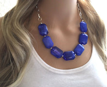 Load image into Gallery viewer, Creamy royal blue Statement Necklace & Earrings, royal blue jewelry, Your Choice GOLD or SILVER, blue bib chunky necklace, blue necklace