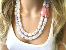 Load image into Gallery viewer, White & Peach Beaded Necklace, white Jewelry, Chunky statement necklace, big beaded necklace, peach jewelry, white statement necklace