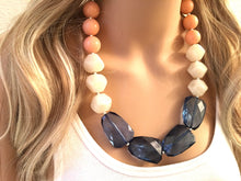 Load image into Gallery viewer, Peach Cream Navy Blue Big Bead Necklace, neutral Statement Jewelry, navy Chunky bib, bridesmaid necklace, blue peach jewelry, beaded long