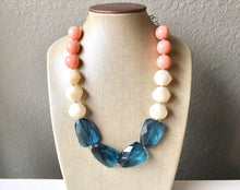 Load image into Gallery viewer, Peach Cream Navy Blue Big Bead Necklace, neutral Statement Jewelry, navy Chunky bib, bridesmaid necklace, blue peach jewelry, beaded long
