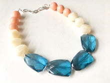 Load image into Gallery viewer, Peach Cream Navy Blue Big Bead Necklace, neutral Statement Jewelry, navy Chunky bib, bridesmaid necklace, blue peach jewelry, beaded long