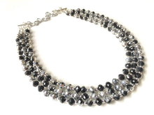 Load image into Gallery viewer, Black & Silver Glass crystal necklace, multi strand formal jewelry, black wedding Chunky Statement Necklace, silver black beaded jewelry