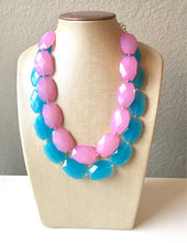 Load image into Gallery viewer, Blue & Blush Pink Necklace, multi strand jewelry, big beaded chunky statement necklace, blue necklace, bridesmaid necklace, bib necklace