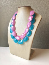 Load image into Gallery viewer, Blue & Blush Pink Necklace, multi strand jewelry, big beaded chunky statement necklace, blue necklace, bridesmaid necklace, bib necklace