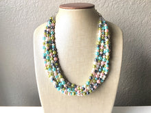 Load image into Gallery viewer, Pearl Pastel & Gray Chunky Statement Necklace, multi Strand Beaded Jewelry, blue pink gray jewelry, spring necklace, Easter statement