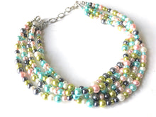 Load image into Gallery viewer, Pearl Pastel & Gray Chunky Statement Necklace, multi Strand Beaded Jewelry, blue pink gray jewelry, spring necklace, Easter statement