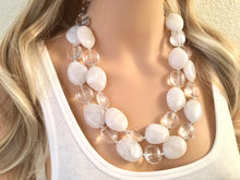 Load image into Gallery viewer, White & Clear silver necklace, statement necklace, white jewelry, big beaded multi strand chunky necklace, white chunky statement jewelry
