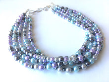 Load image into Gallery viewer, Pearl Pastel & Gray Chunky Statement Necklace, multi Strand Beaded Jewelry, blue purple gray jewelry, spring necklace, Easter statement