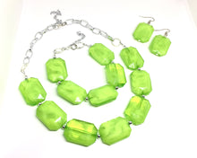 Load image into Gallery viewer, Creamy lime green Statement Necklace & Earrings, lime green jewelry, Your Choice GOLD or SILVER, green bib chunky necklace, green necklace