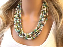 Load image into Gallery viewer, Pearl Pastel & Gray Chunky Statement Necklace, multi Strand Beaded Jewelry, blue pink gray jewelry, spring necklace, Easter statement