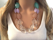 Load image into Gallery viewer, Robins Egg Blue Champagne Clear  Necklace, multi strand jewelry, big beaded chunky statement necklace, clear necklace, bridesmaid necklace